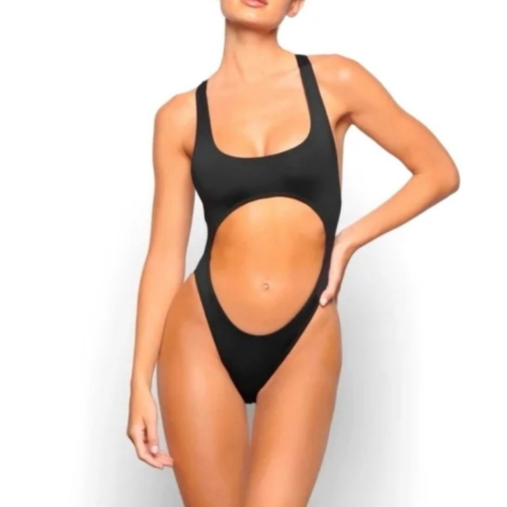 NWT SKIMS Signature Swim Cut Out Monokini in the color Gunmetal LARGE